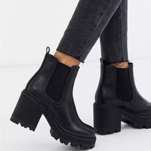 ASOS Public Desire Fuzzy chunky heeled ankle boot in black.